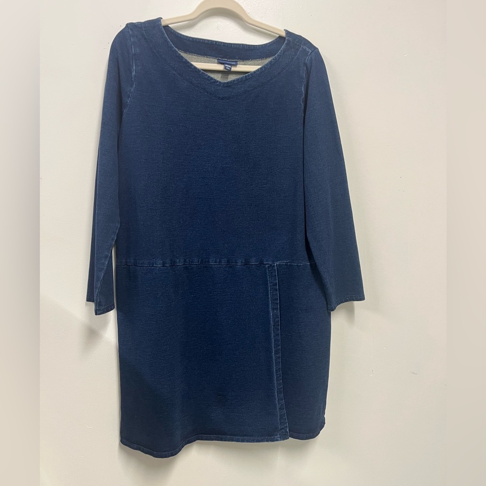 Indigo PureJill Dress J. Jill Midi Casual Pullover V-Neck Faux Skirt Petite L